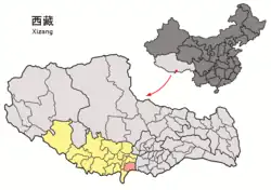 Location of Kangmar County (red) within Xigazê (yellow) and the Tibet A.R.