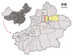 Location of Manas County (pink) in Changji Prefecture (yellow) and Xinjiang (grey)