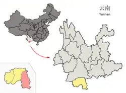 Location of Mengla County (pink) within Xishuangbanna Prefecture (yellow) and Yunnan