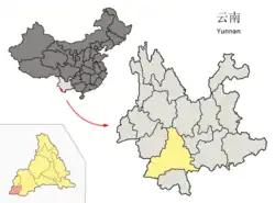 Location of Menglian County (pink) and Pu'er City (yellow) within Yunnan province