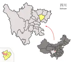 Location of Nanbu County (red) within Nanchong City (yellow) and Sichuan