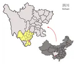 Location of Ningnan County (red) within Liangshan Prefecture (yellow) and Sichuan