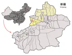 Location of Qapqal Xibe Autonomous County (pink) in Ili Kazakh Autonomous Prefecture