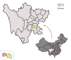 Location of Rong County (red) within Zigong City (yellow) and Sichuan