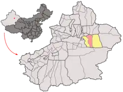 Location of Karahoja (red) in Turpan Prefecture (yellow) and Xinjiang