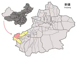 Ulugqat County (red) within Kizilsu Prefecture (yellow) and Xinjiang