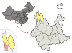 Location of Weixi County (pink) in Diqing Prefecture (yellow) within Yunnan