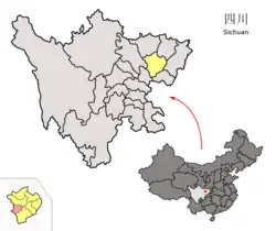 Location of Xichong County (orange) within Nanchong City (yellow) and Sichuan