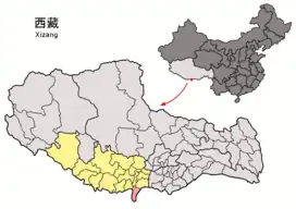 Location of Yadong County (red) within Shigatse City (yellow) and the Tibet Autonomous Region