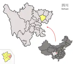 Location of Yingshan County (red) within Nanchong City (yellow) and Sichuan