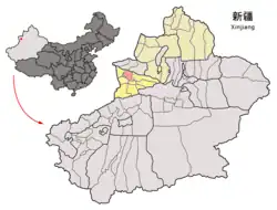 Yining County (red) within Ili Prefecture (yellow) and Xinjiang