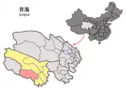 Location of Zadoi County (red) within Yushu Prefecture (yellow) and Qinghai