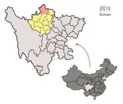 Zoigê County (pink) in Ngawa Prefecture (yellow) and Sichuan