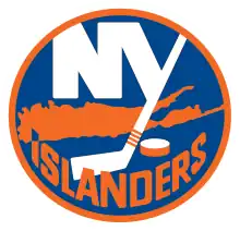 Inside a blue circle, with orange and white borders, the letters "NY" are joined together with the "Y" hockey stick facing downwards, next to a hockey puck. Behind the image, a map of Nassau and Suffolk counties joined together. At the bottom, the teams' name wrapping around in Orange with the tip of the "I" in blue, pointing towards Uniondale in Nassau County.