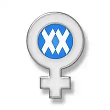 The logo shows white letters "XX" on a blue background, within Linnaeus' female symbol