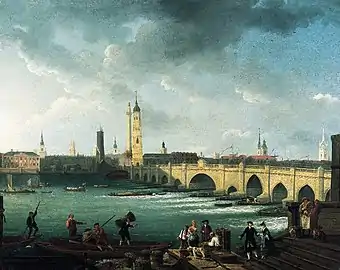 London Bridge from Pepper Alley Stairs by Herbert Pugh, showing the appearance of London Bridge after 1762, with the new "Great Arch" at the centre