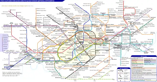 A drawing of variously coloured, irregularly winding London Underground, Overground and railway lines intersecting each other at points signifying stations, indicated with white dots outlined in black