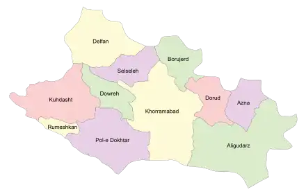 Location of Pol-e Dokhtar County in Lorestan province (bottom, purple)