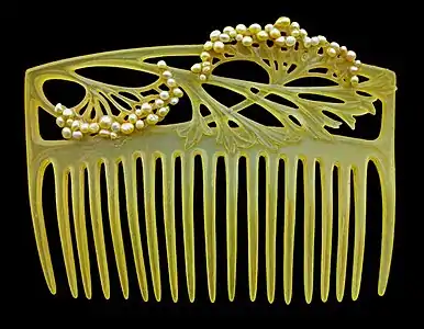 Carved horn decorated with seed pearls c1905