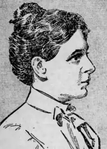 A drawing of a white woman with her hair up in a top bun; she is wearing a high-collared blouse with a bow at the neck.