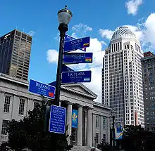 The distances to each of Louisville's sister cities are represented on this lightpost downtown.