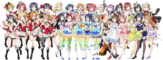 The artwork shows 3 groups from the franchise, with 30 members in total. The 9-member group on the left side is μ's, wearing "It's Our Miraculous Time" costume. Another 9-member group on the centre is Aqours, wearing "Aozora Jumping Heart" costume. And the Nijigasaki High School Idol Club with 12 members, wearing their solo costumes from "Tokimeki Runners" album.