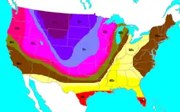 Map of the United States with coloured overlays highlighting temperature gradients