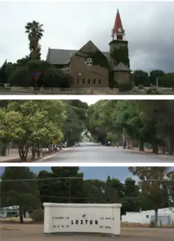 View of Top to Bottom Loxton church, Loxton main & Loxton sign