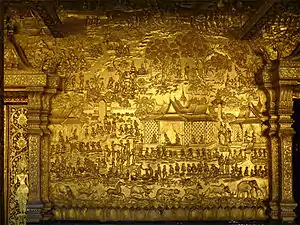 Image 19Luang Prabang, Wat Mai, gilded wood bas relief scenes from the Prince Vessantara Jataka. (from Culture of Laos)