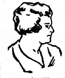 A line drawing of a woman with short hair and glasses looking to her left.