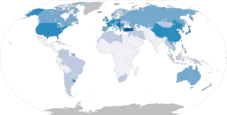 World map with countries in one of five colors