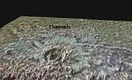 Lyot crater with elevations exaggerated showing distribution of channels caused by hot ejecta melting ice.