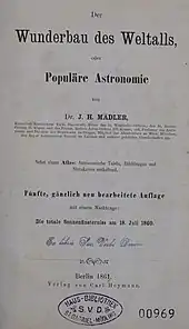 Title page to a 1861 first edition copy of "Der Wunderbau des Weltalls oder Populäre Astronomie"