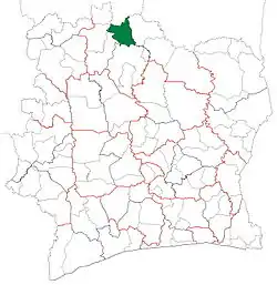 Location in Ivory Coast. M'Bengué Department has retained the same boundaries since its creation in 2012.