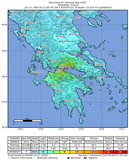 ShakeMap map of Mercalli intensities from the earthquake