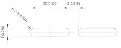 M-LOK approximate slot dimensions. (Primary measurements in millimeters, inches in parentheses.)