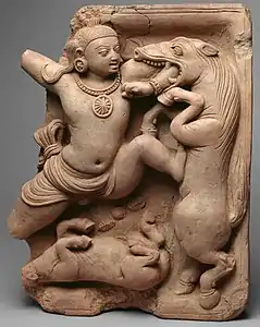 Terracotta of Krishna battling the horse demon Keshi, Uttar Pradesh, 5th century