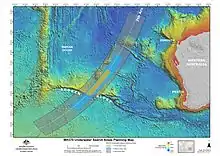 Bathymetric map of the southern Indian Ocean west of Australia, overlaid with the 7th BTO arc and high, medium, and low priority search areas.