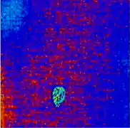 Mid infrared (false color) image of the LCROSS Centaur separation (red->hot, blue->cold)