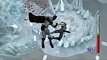 Two characters fall from a tall building, one punching the other in the process. In the background other skyscrapers can be seen, as well as some light clouds.