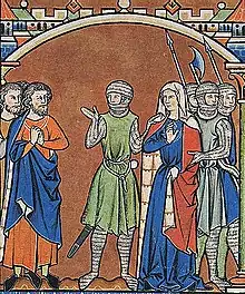 Maciejowski Bible, Leaf 37, the 3rd image, Abner (in the centre in green) sends Michal back to David.