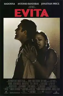 Madonna embracing Antonio Banderas from behind, with the film name written in bold red color above the image.