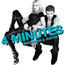 Madonna sitting beside Justin Timberlake in front of a white background, wearing tight black leather pants and a T-shirt. Timberlake is similarly dressed.