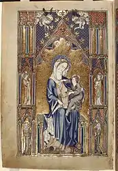 Miniature of the Virgin and Child. The Virgin's feet rest on a dragon and a lion. She is seated in an elaborate Gothic arched canopy, with niches containing two angels and the saints Catherine of Alexandria and Margaret of Antioch.Madonna Master from the De Lisle Psalter.