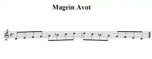 a visual representation of the Magein Avot scale D, E, F, G, A, B♭, C, D