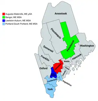 Map of the four core-based statistical areas in Maine.