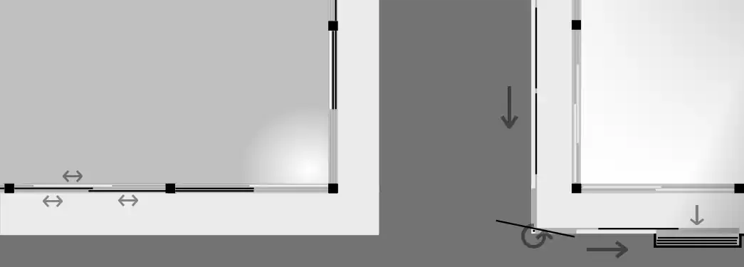 Plan view of the mairado and amado shutter systems, showing rotator and to-bukuro. The black squares are pillars; shōji in white, rain shutters in black, grooves in grey.