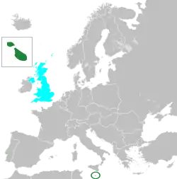 Europe during the Cold War, Malta in dark green, United Kingdom in cyan