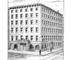 A black-and-white illustration of the Manhattan Bank Building in 1878. It is a six-story rectangular building, and each floor is wrapped around by a series of windows. The illustration shows two sides of the building, featuring both main entrances. Two people stand in front. The ground is covered with tracks for trolley cars.