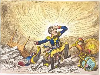 Image 14"Maniac-raving's-or-Little Boney in a strong fit" by James Gillray. His caricatures ridiculing Napoleon greatly annoyed the Frenchman, who wanted them suppressed by the British government. (from Napoleonic Wars)